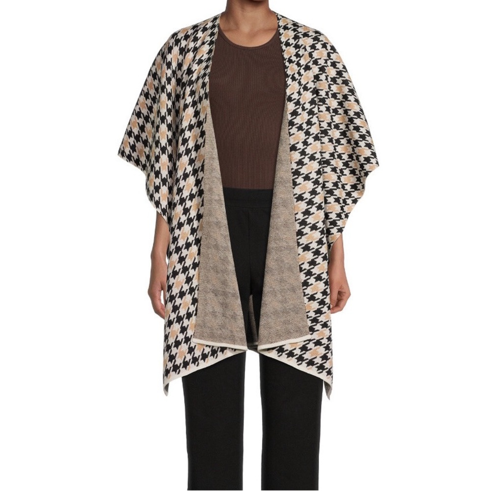 Time and Tru Houndstooth Open Front Poncho - Black, Tan and Cream